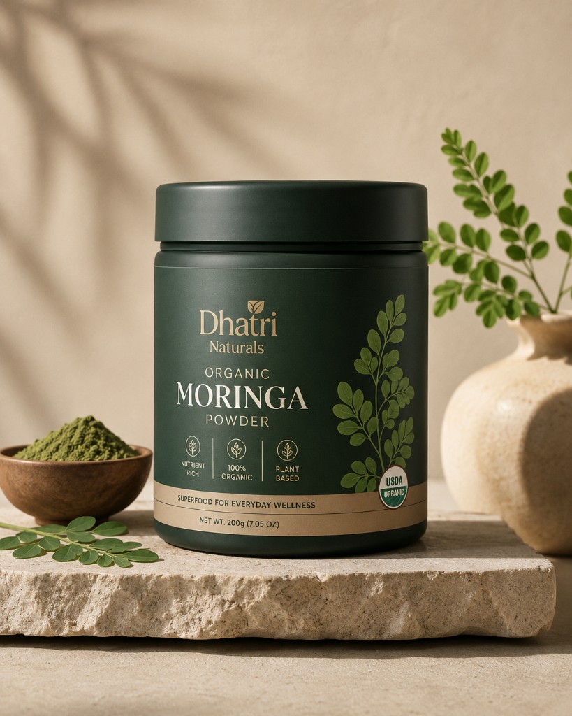Dhatri Naturals organic moringa powder India — premium jar studio product photo